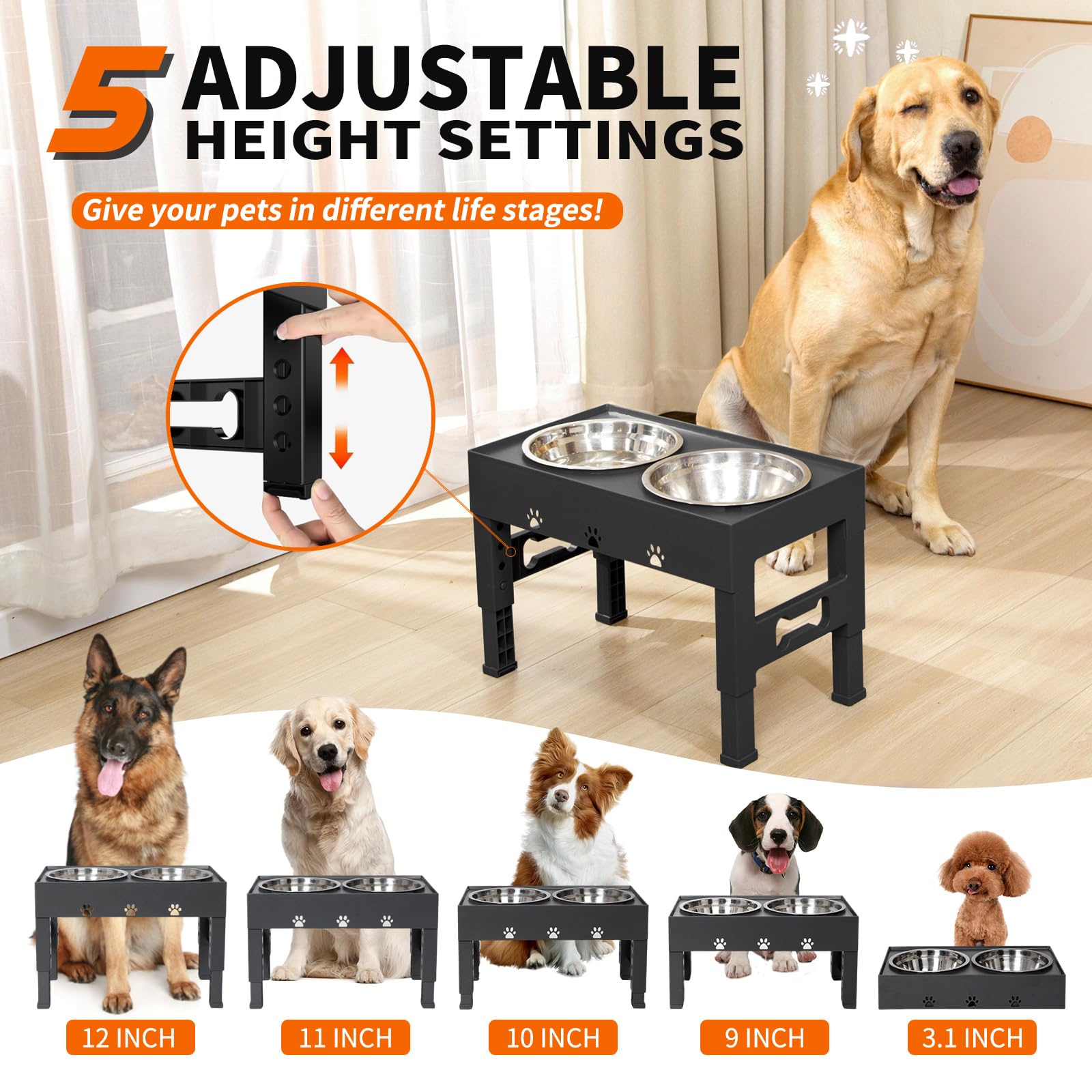 LAKIPETN elevated dog bowls with mat side profile shows adjustable height for breeds.