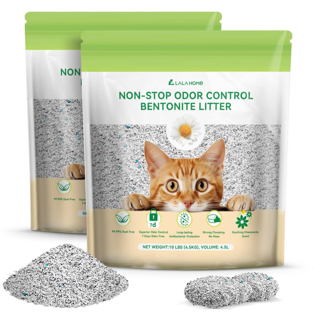 LALAHOME Bentonite Litter packaging shows 20 lb bag with dust-free, odor-control formula.