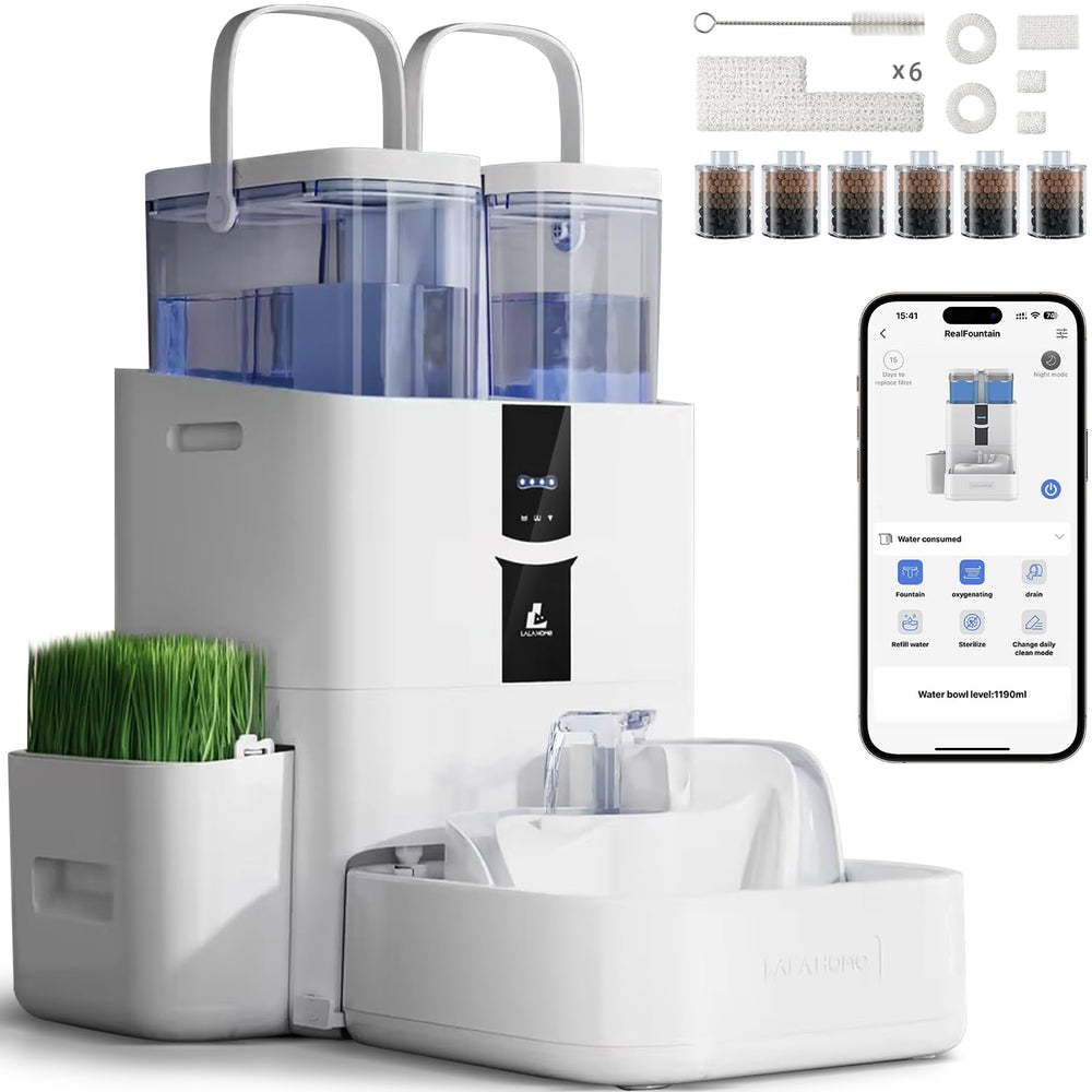 LALAHOME DailyFresh 10L capacity fountain showing large reservoir for multi-pet hydration.