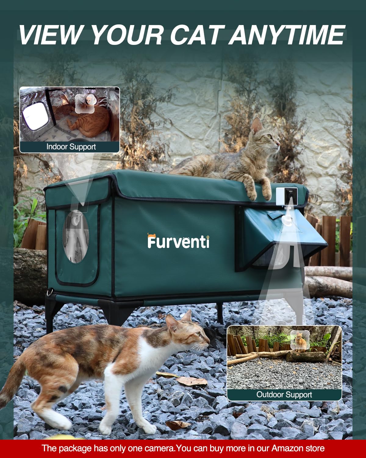 Lamlingo outdoor cam mount on cat shelter enables live monitoring.