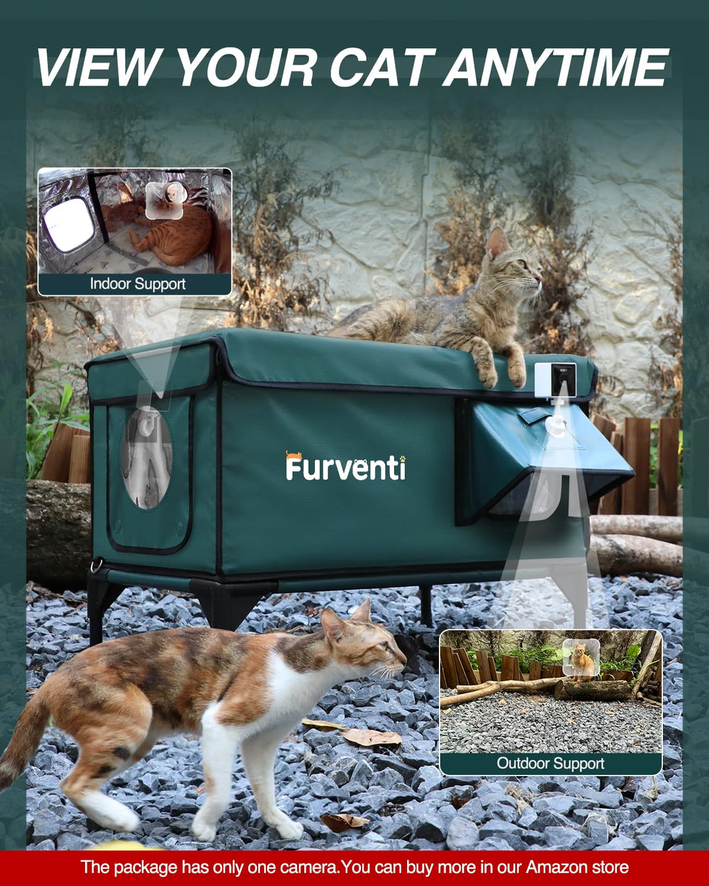 Lamlingo outdoor cam mount on cat shelter enables live monitoring.