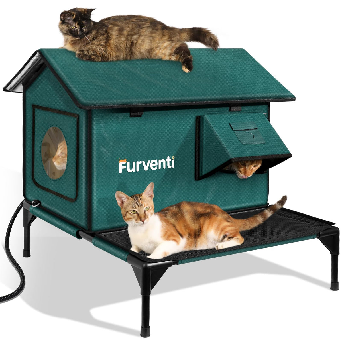 Lamlingo heated cat house outdoors with inside camera bracket enabling daily activity monitoring