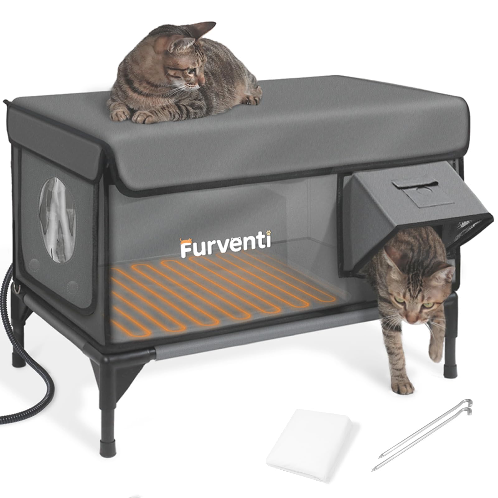 Lamlingo heated cat house outside with camera mount enables remote check-ins.