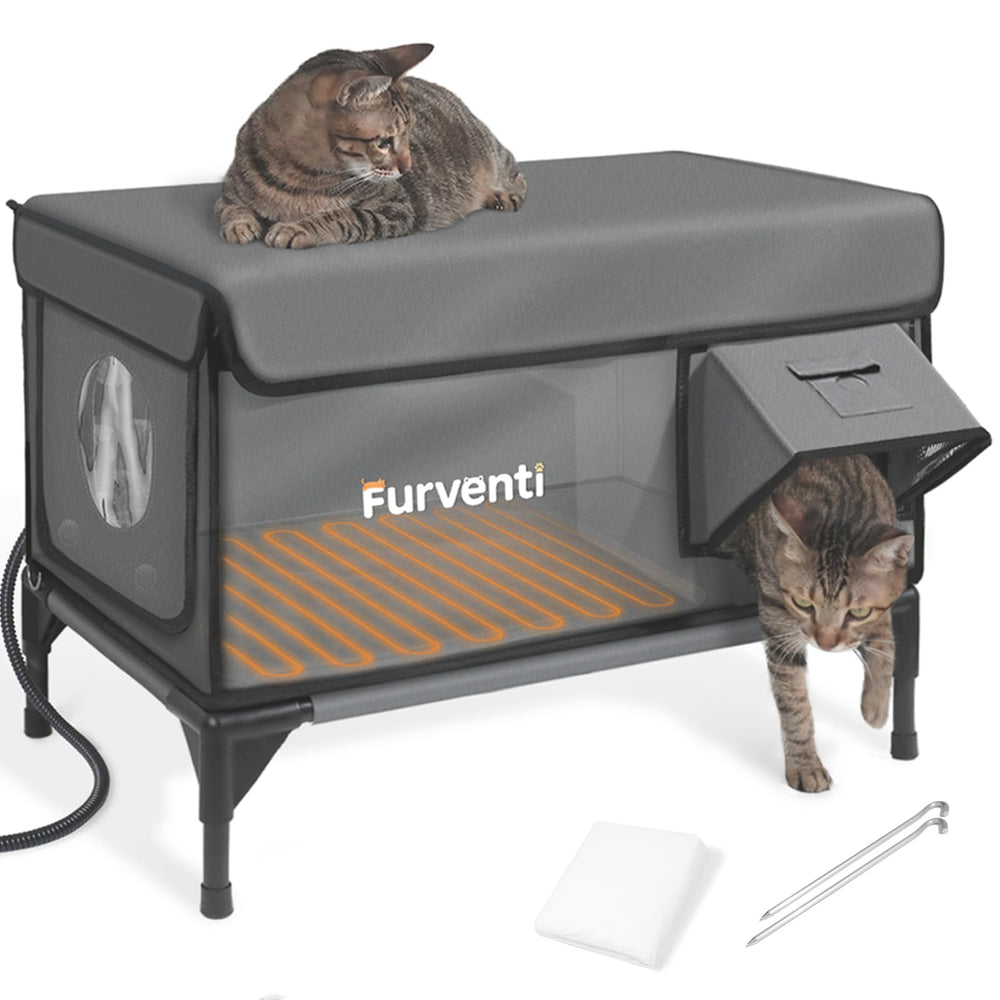 Lamlingo heated cat house outside with camera mount enables remote check-ins.