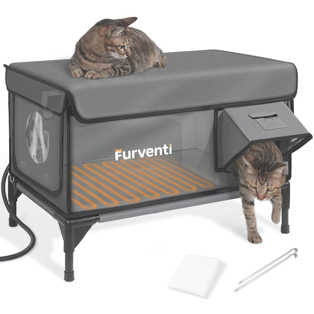 Lamlingo heated cat house with outdoor dual camera mounts for remote monitoring.