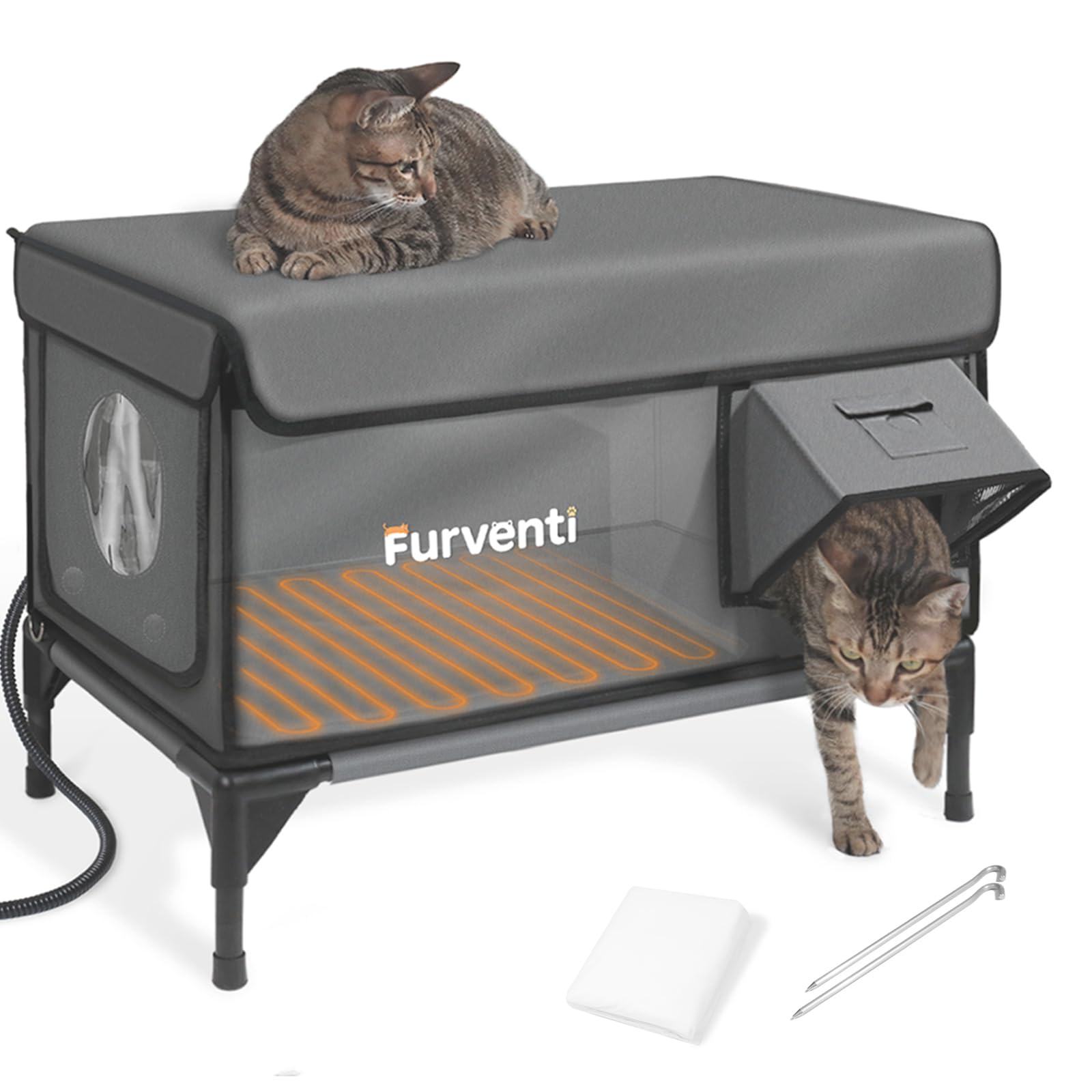 Lamlingo heated cat house front view highlighting weatherproof shell and raised base for dryness