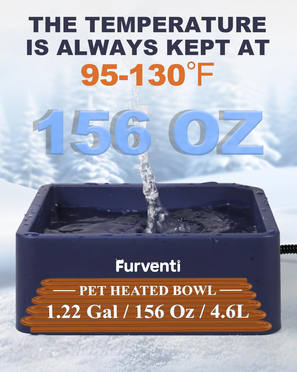 Lamlingo heated water bowl with 79-inch cord for flexible outdoor placement.