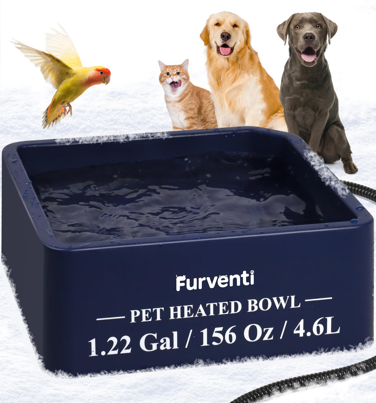 Lamlingo heated water bowl outdoor view showing 1.22-gallon capacity for cold-weather hydration.
