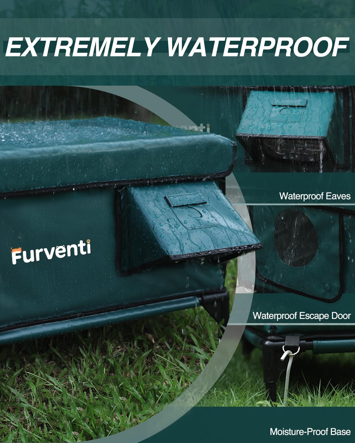 Lamlingo heated shelter with eaves demonstrates weatherproof protection from rain