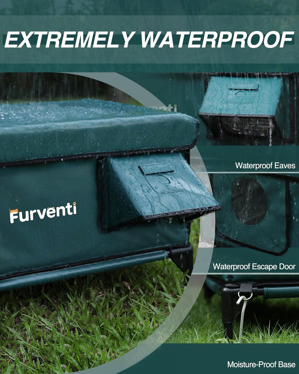 Lamlingo heated shelter with eaves demonstrates weatherproof protection from rain