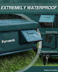 Lamlingo heated shelter with eaves demonstrates weatherproof protection from rain