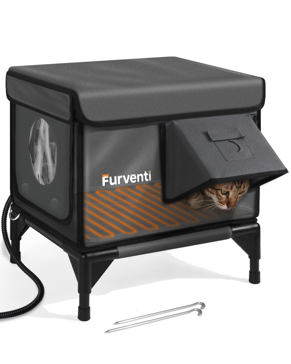 Lamlingo outdoor heated cat house front view shows elevated base and insulation.
