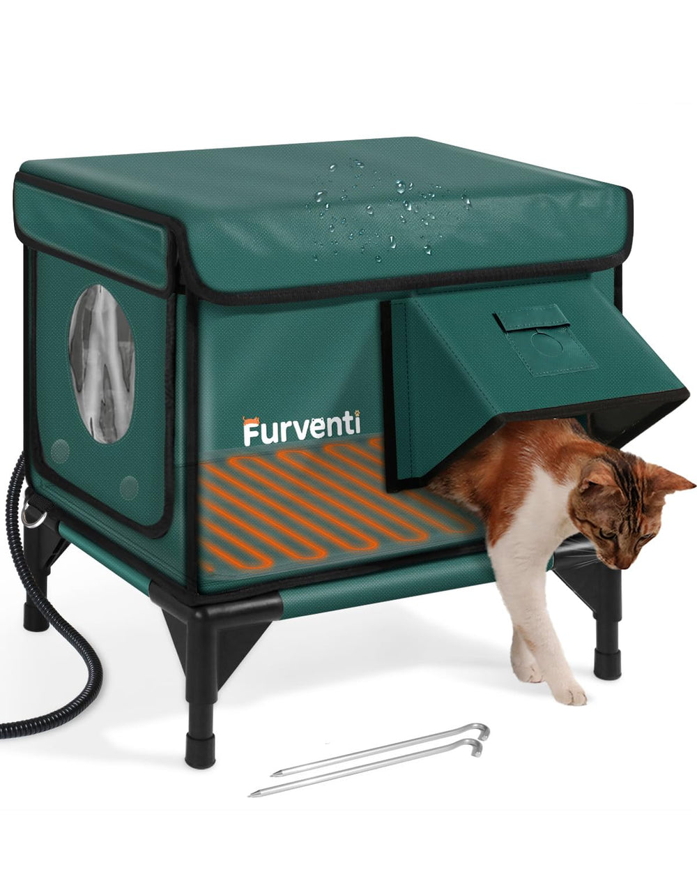 Lamlingo outdoor heated cat house front view shows elevated, weatherproof shelter for winter