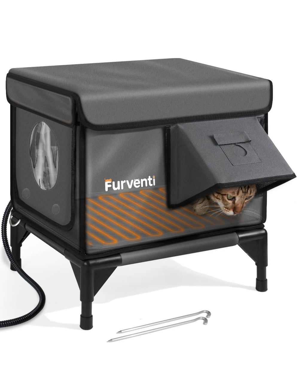 Lamlingo outdoor heated cat house with weatherproof eaves shielding cats from rain and wind