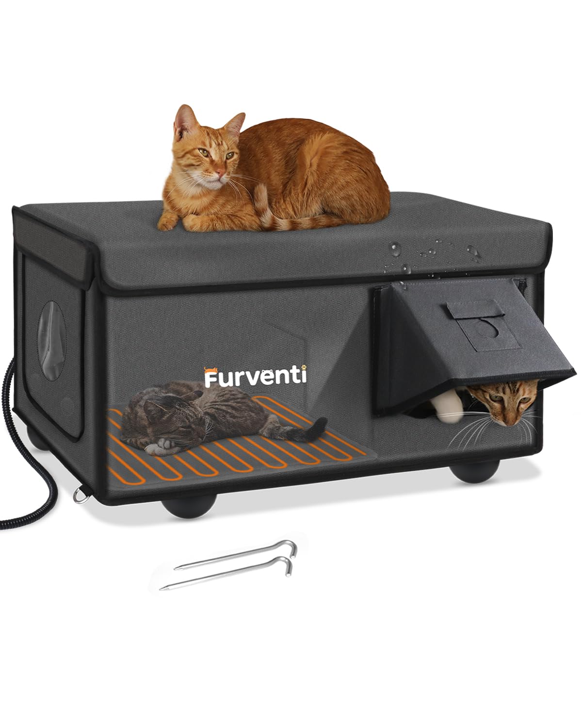 Lamlingo outdoor heated cat house in winter setup for warmth and protection.