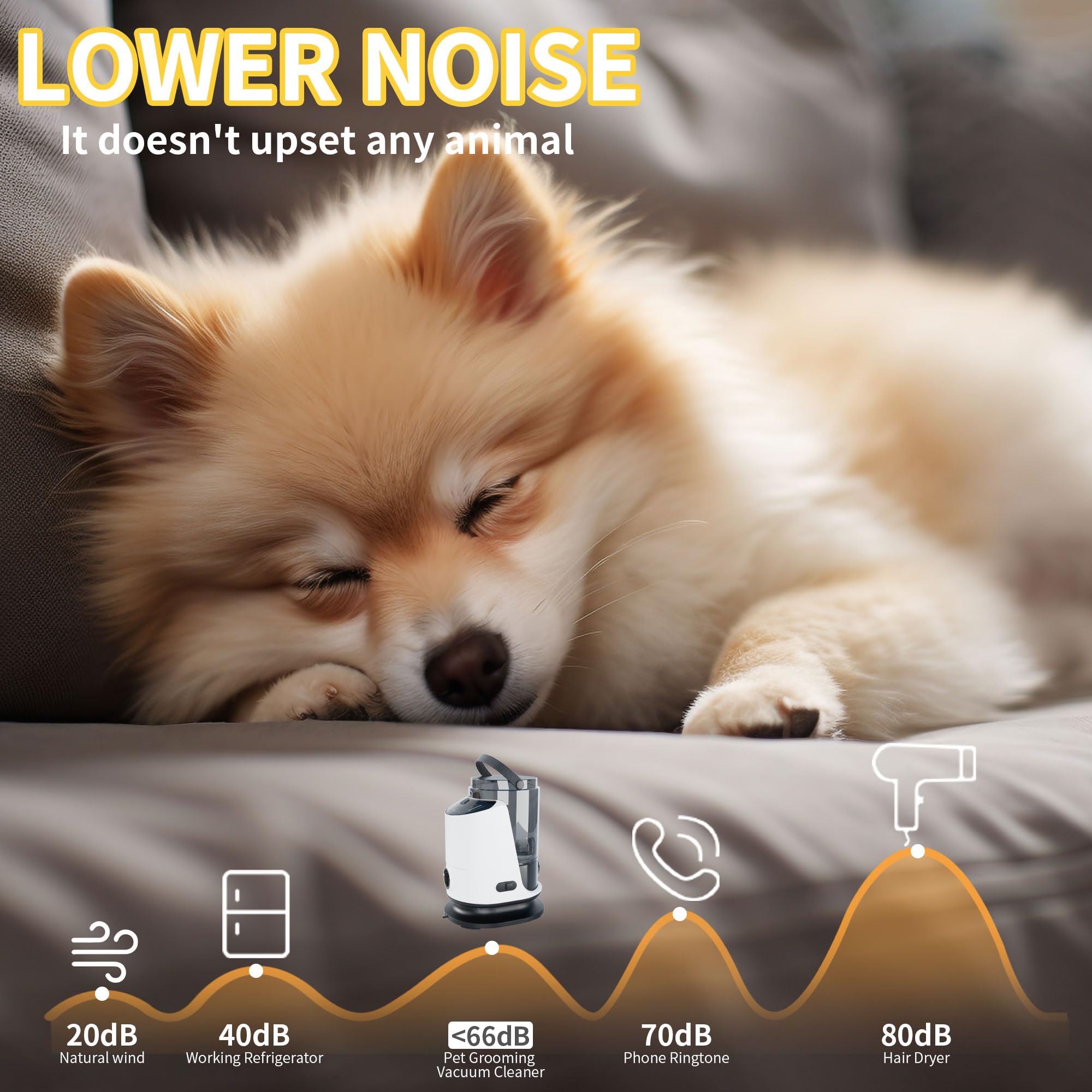 LANCHEZ low-noise mode demonstrates two suction levels for pet comfort during grooming.