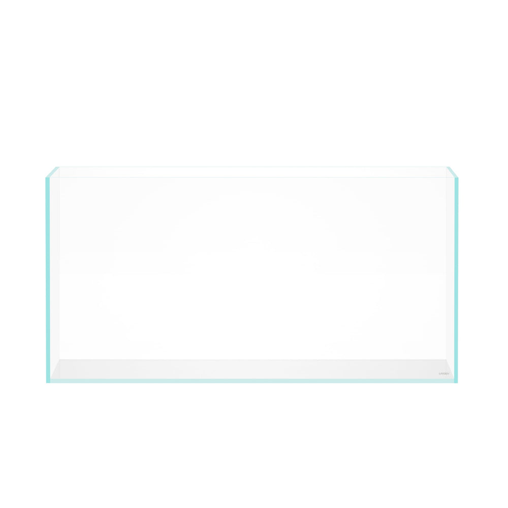 LANDEN 120P 105 gallon rimless tank front view showcases bright, clear underwater landscape.