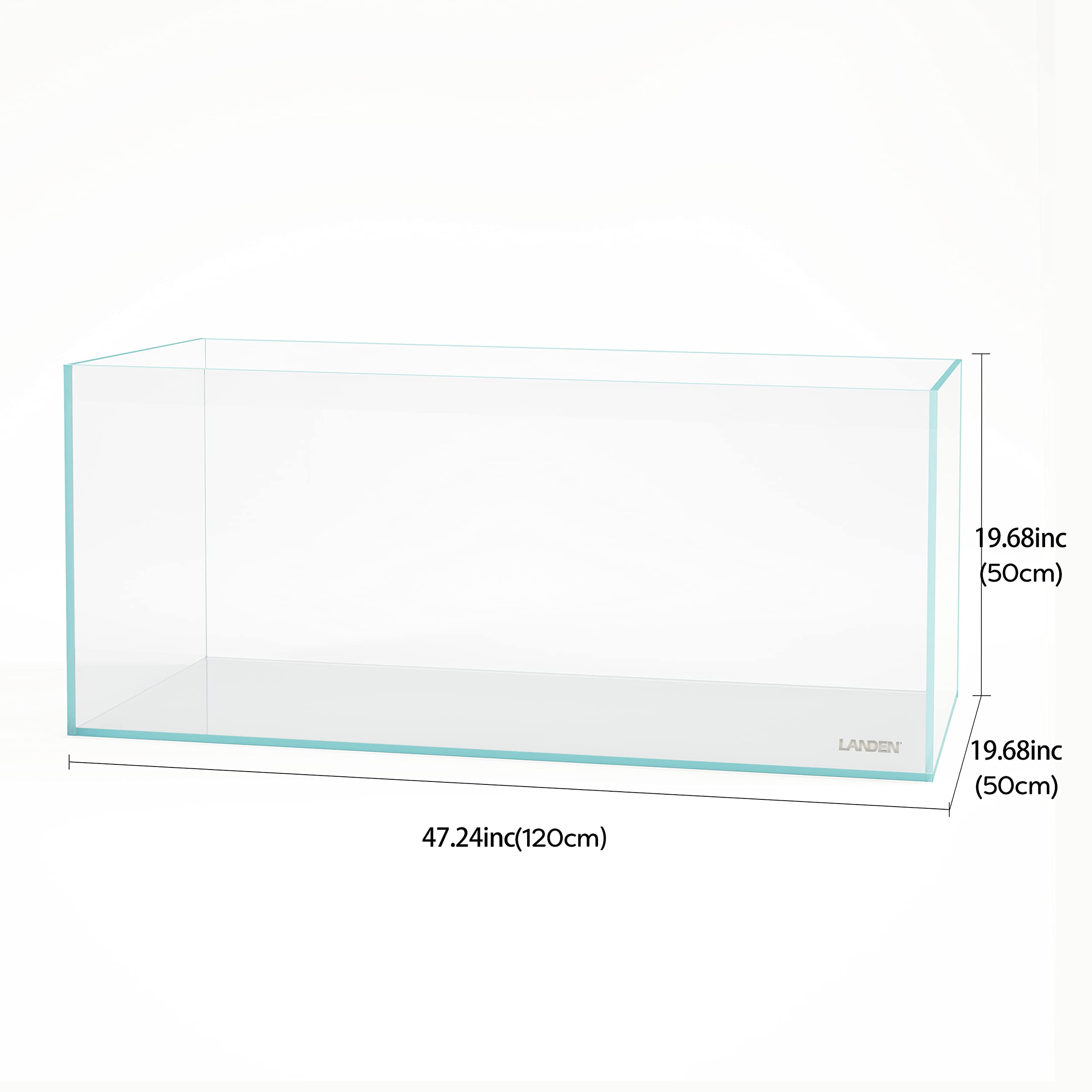 LANDEN 120P rimless tank side view highlighting slim profile for compact setups.