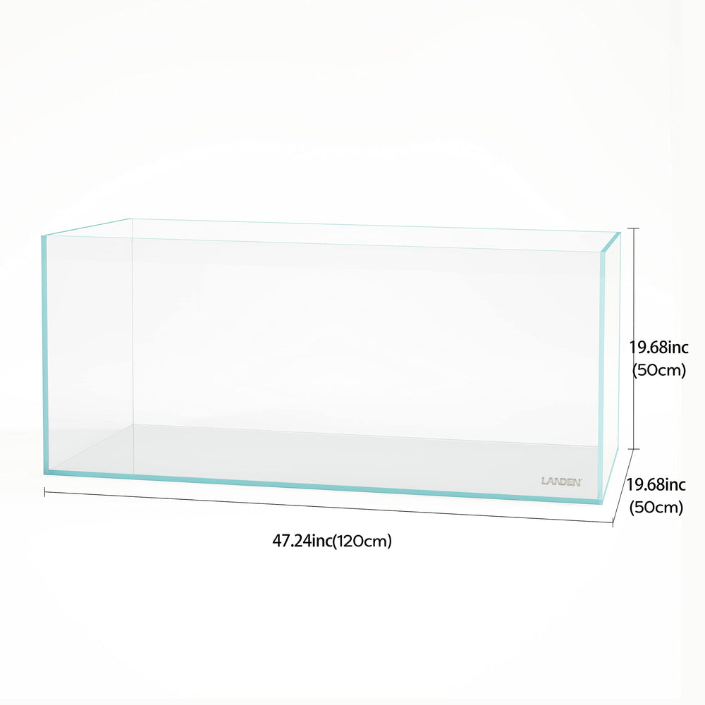 LANDEN 120P rimless tank side view highlighting slim profile for compact setups.