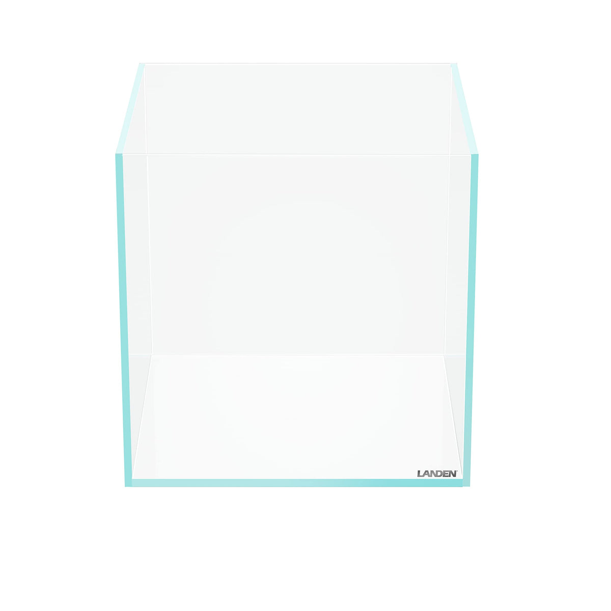 LANDEN 25C cube rimless aquarium front view shows high-clarity glass for vibrant colors.