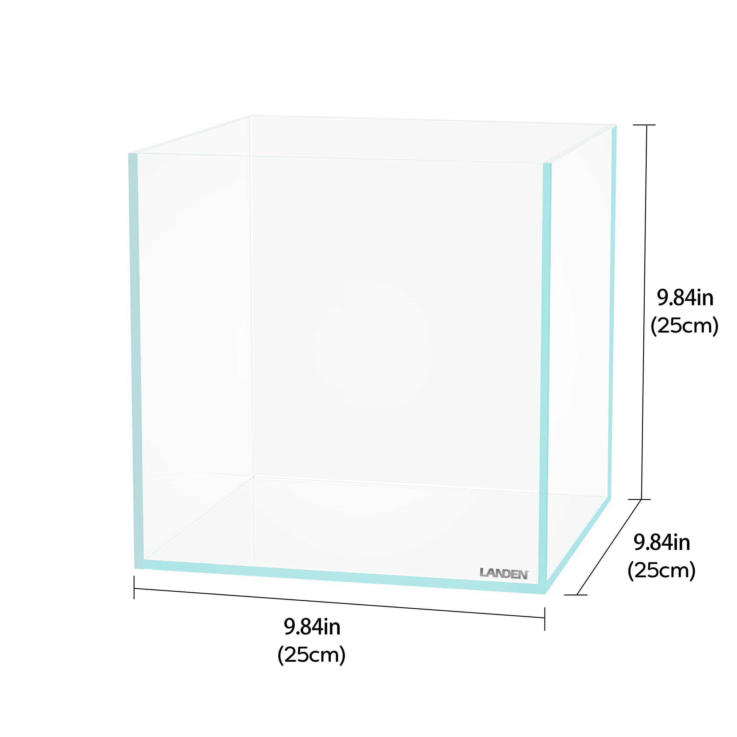 LANDEN 25C cube rimless aquarium side view highlights borderless design and clean edges.