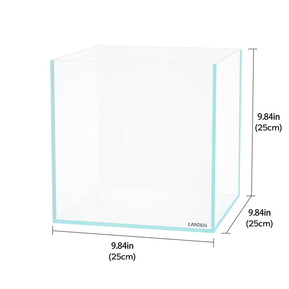 LANDEN 25C cube rimless aquarium side view highlights borderless design and clean edges.