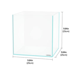LANDEN 25C cube rimless aquarium side view highlights borderless design and clean edges.