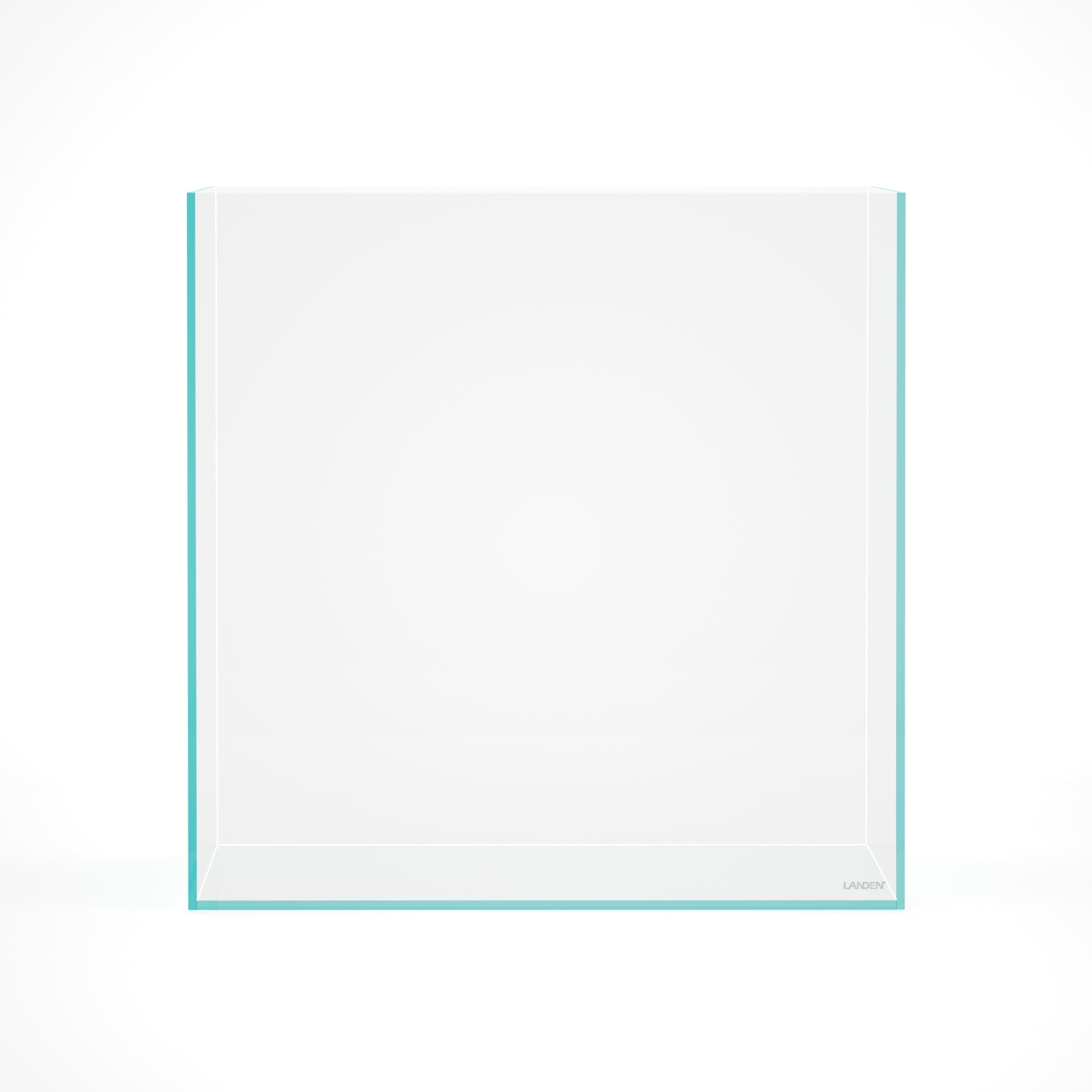 Landen 31-gallon cube rimless aquarium front view, borderless display for modern spaces