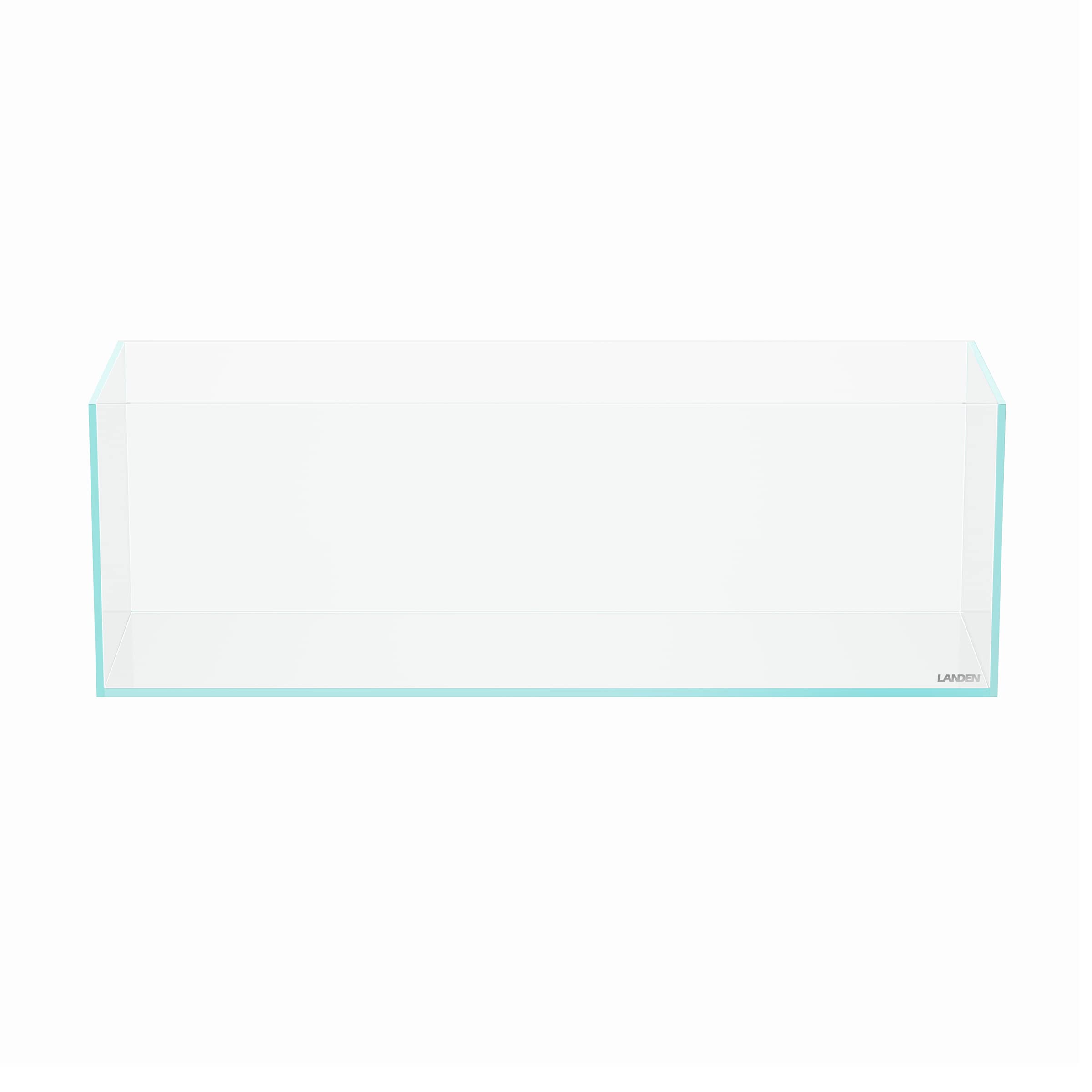 LANDEN 60L rimless long aquarium front view emphasizes panoramic space for aquascapes
