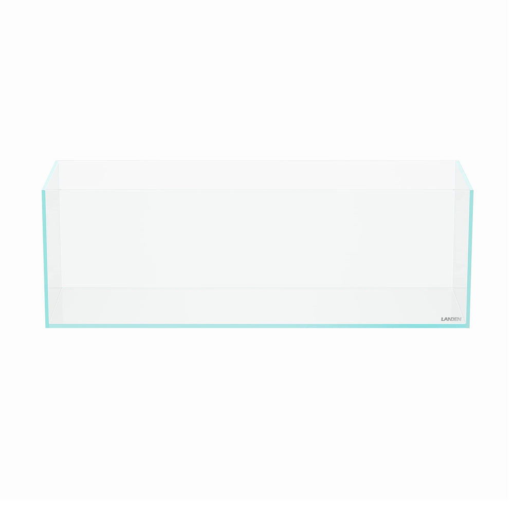 LANDEN 60L rimless long aquarium front view emphasizes panoramic space for aquascapes