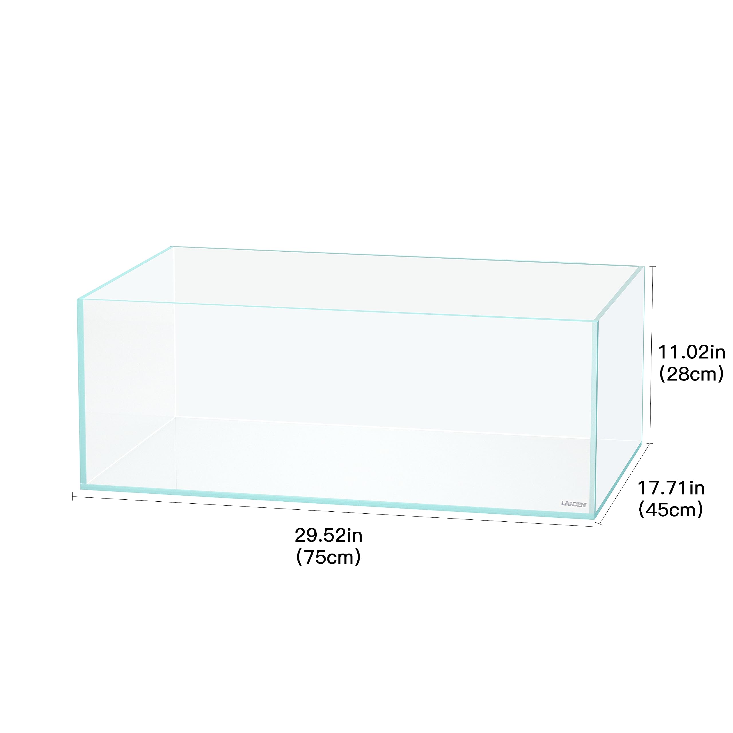 LANDEN 75S shallow tank side view shown on a bookshelf setup
