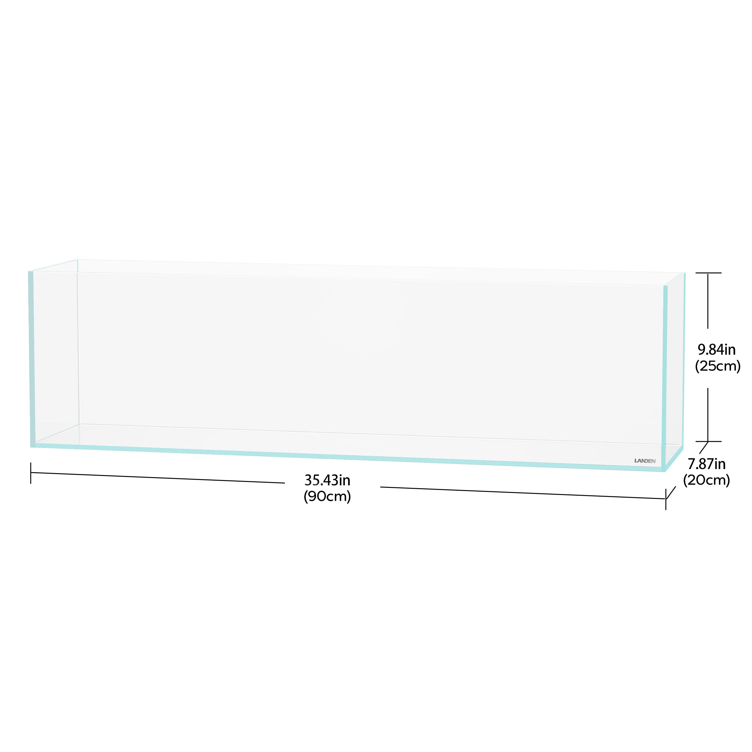 LANDEN 90L aquarium side view showcasing roomy interior for swimming space.