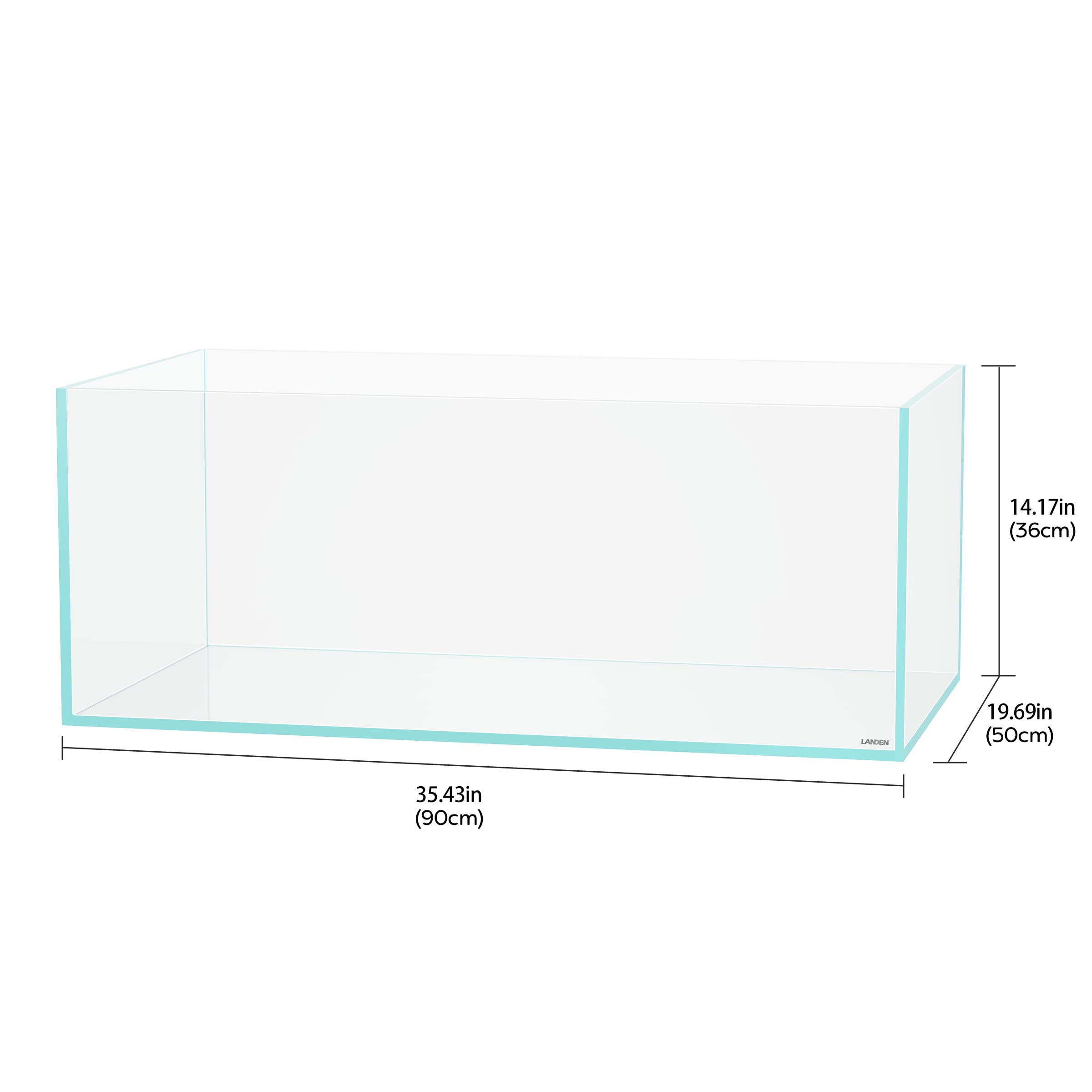 Landen 90S tank left side view highlighting depth and three-sided viewing.
