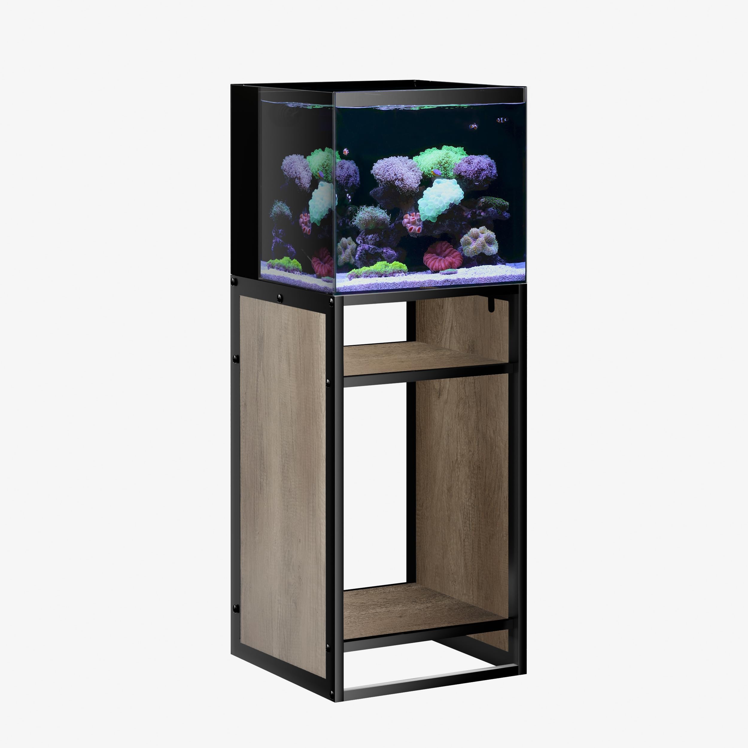 Landen brown metal frame stand supports a 20-gallon tank on the top shelf for tidy display.