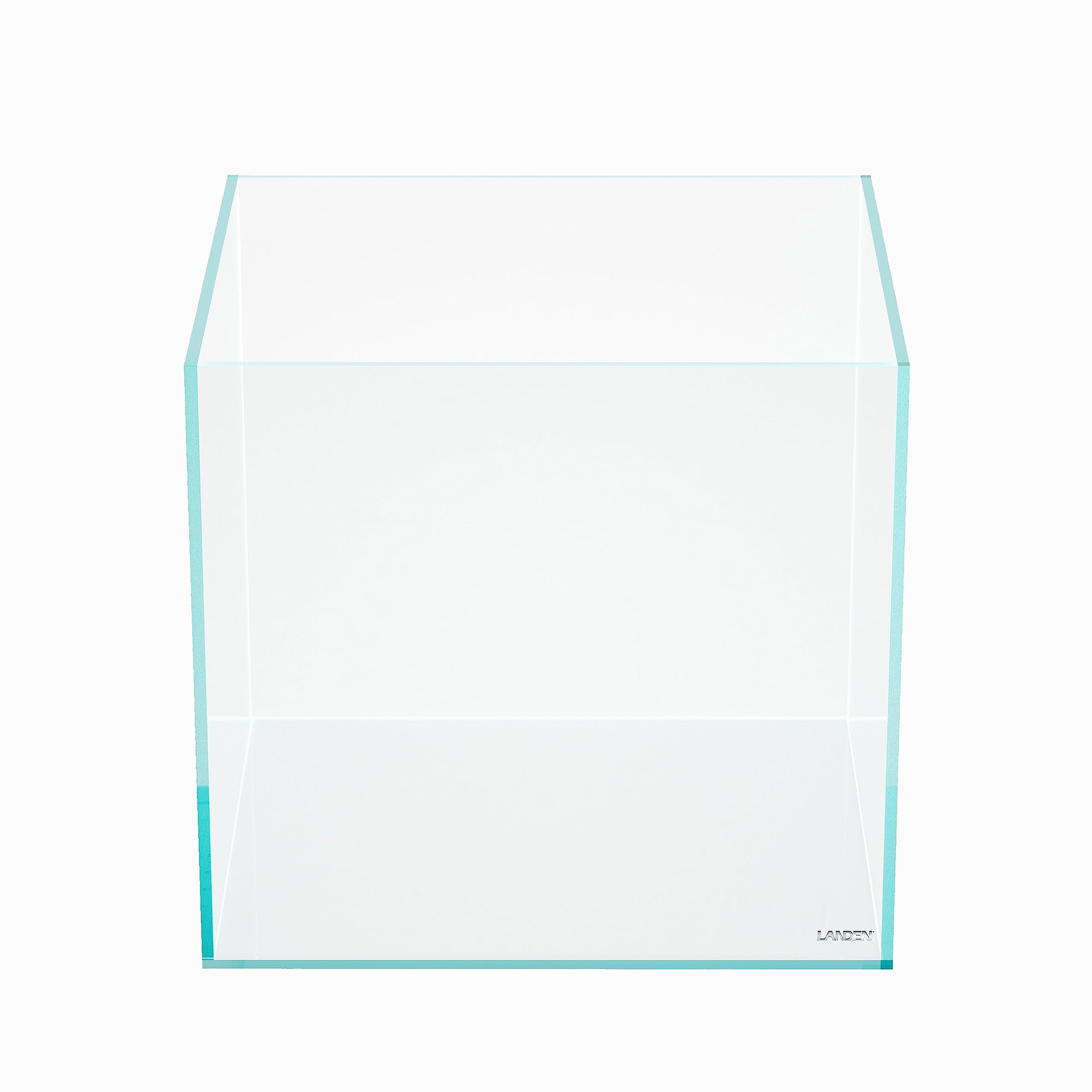 LANDEN cube tank front view shows a modern rimless frame for clean aquascapes.