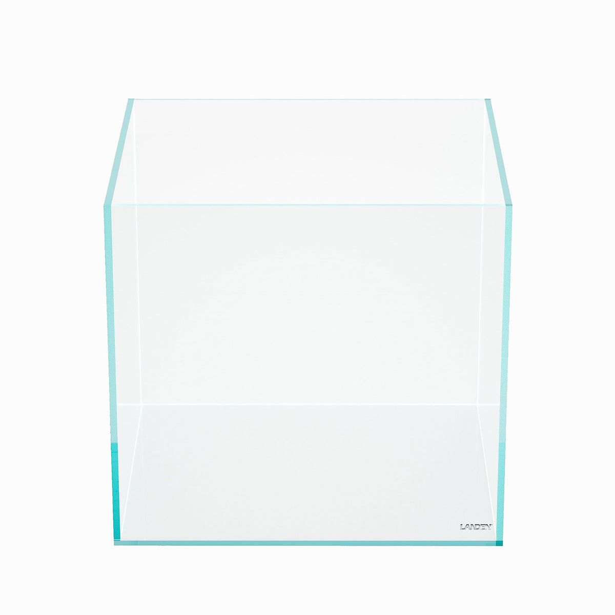 LANDEN cube tank front view shows a modern rimless frame for clean aquascapes.