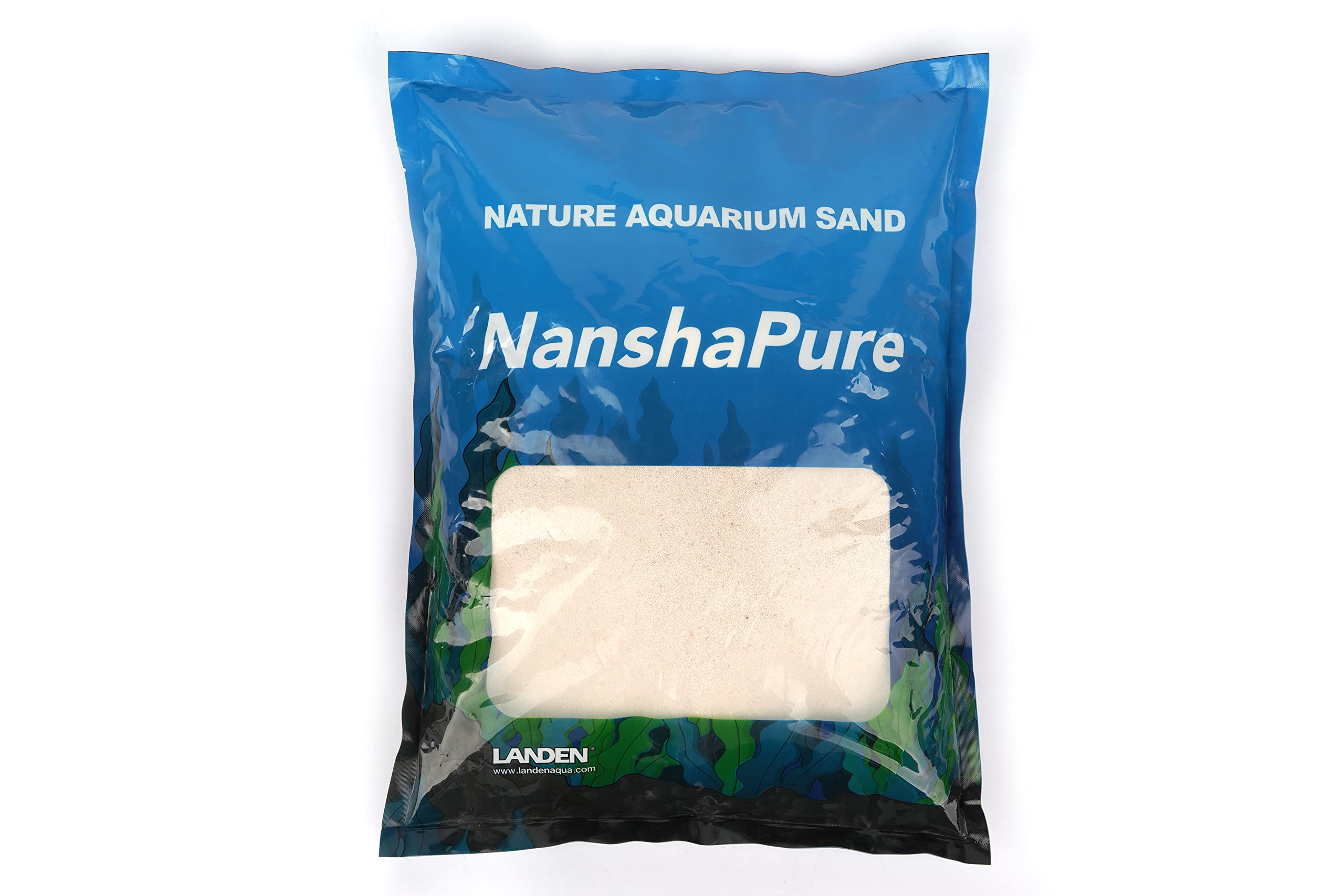 LANDEN NanshaPure sand bag showing natural aragonite substrate for reef tanks.