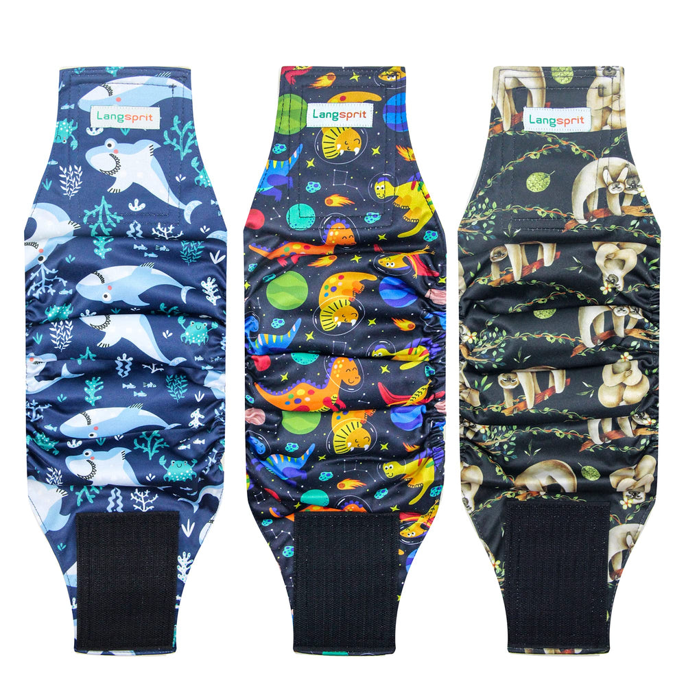 Langsprit belly band with sloth pattern close-up showing leak protection for active dogs