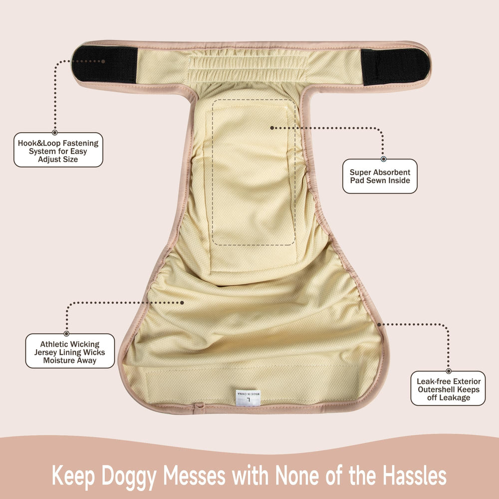 Langsprit female dog diapers back with snap buttons for adjustable length.