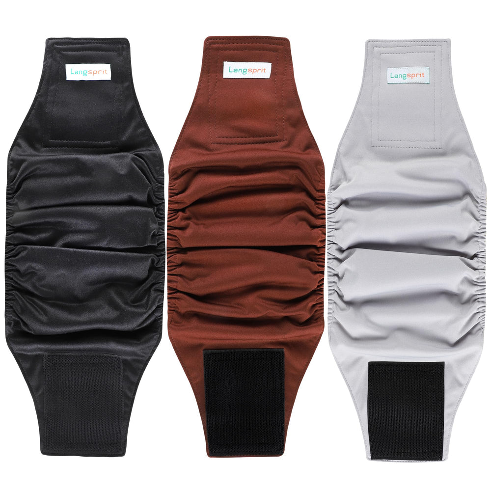 Langsprit male belly band pack in three colors provides secure, leak-free wear for dogs.