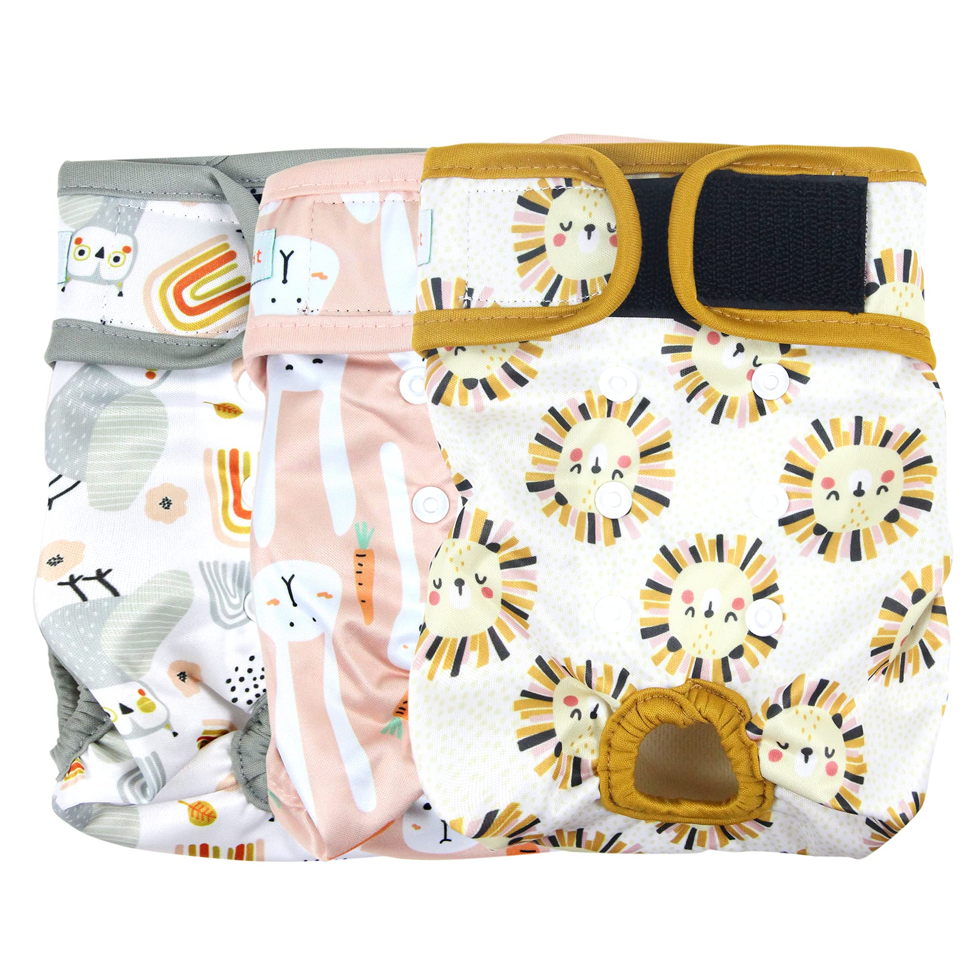 Langsprit washable dog diapers three-pack showing sizes for a secure fit.