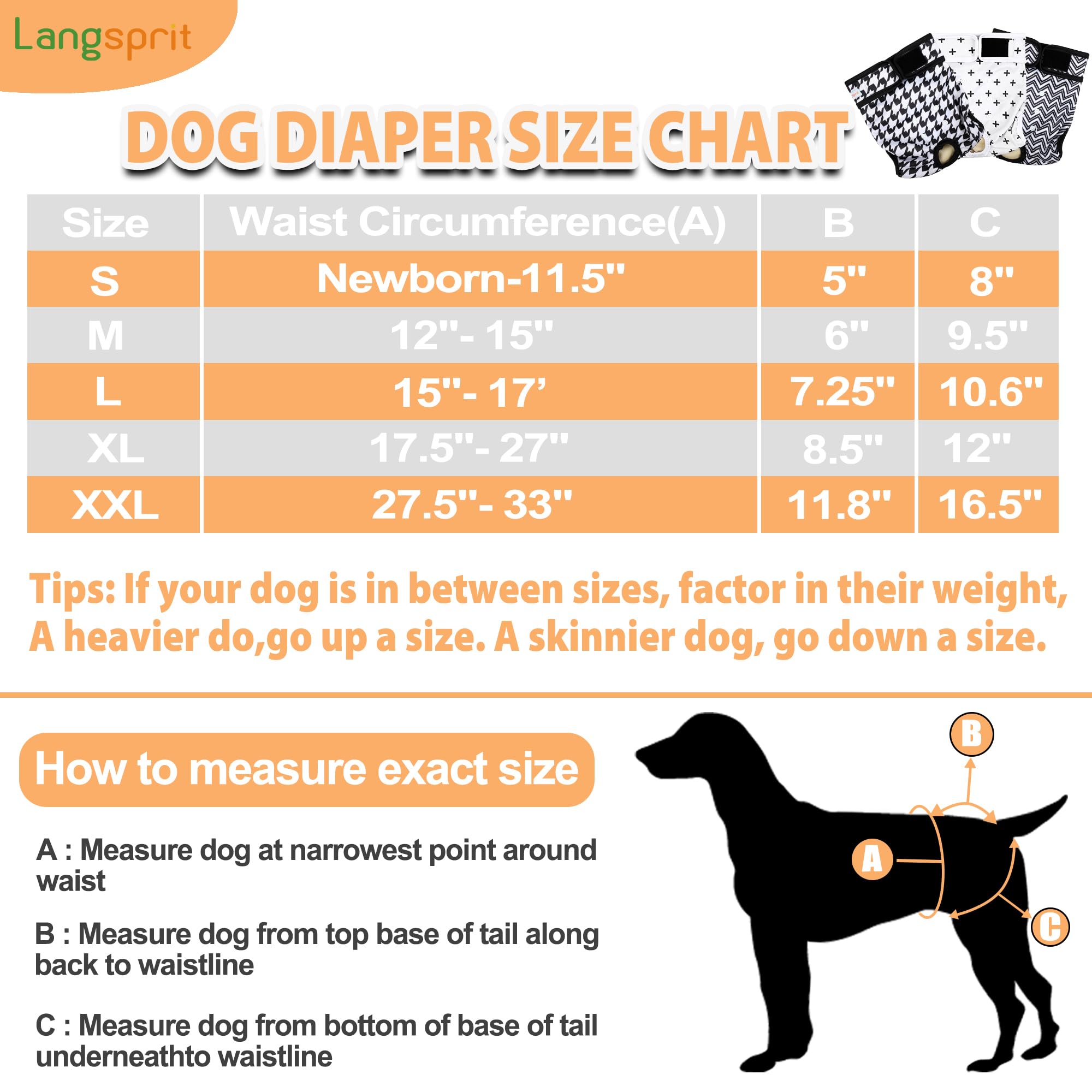 Langsprit washable female dog diapers pack back view showing adjustable snaps for a custom fit