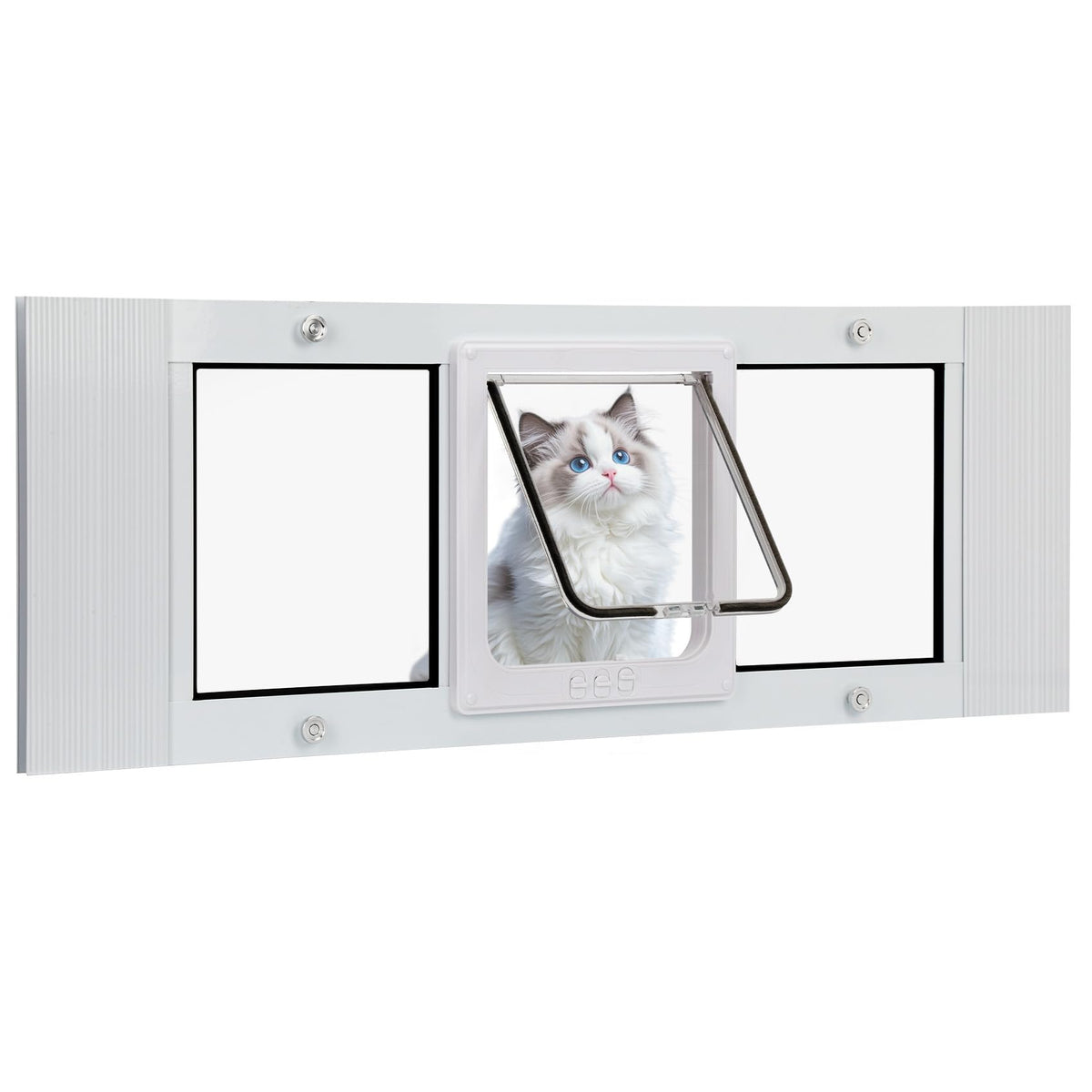 Lanmun cat door window insert showing 23-28 inch fit for sliding windows, minimizing drafts.