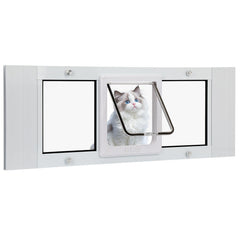 Lanmun cat door window insert showing 23-28 inch fit for sliding windows, minimizing drafts.