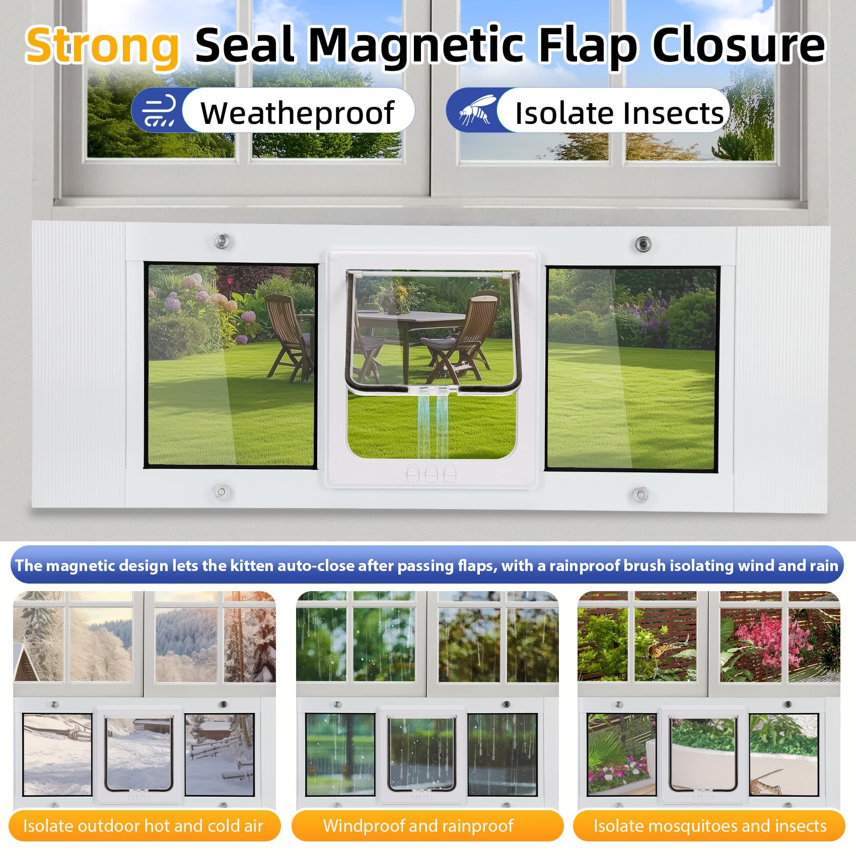 Lanmun cat door window insert weather seals and vinyl flap keep interiors dry.