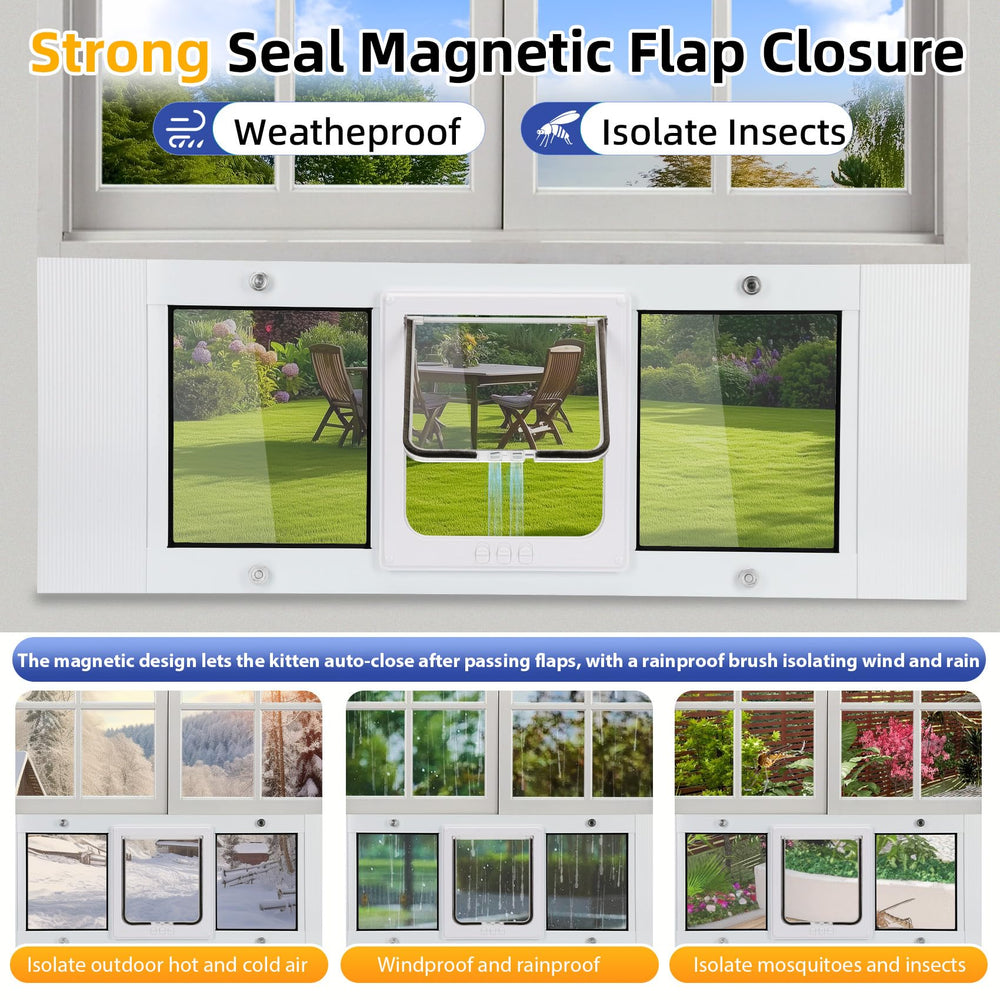 Lanmun cat door window insert weather seals and vinyl flap keep interiors dry.