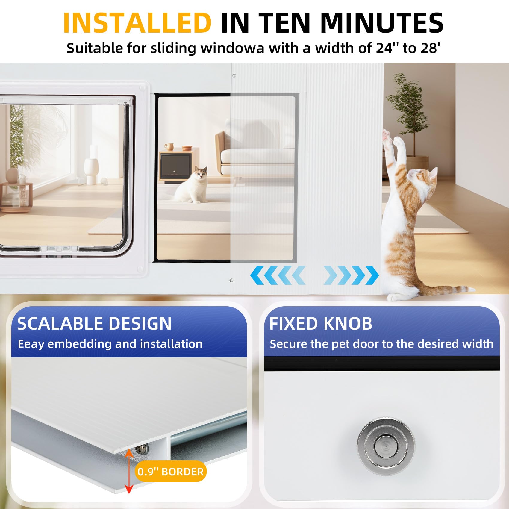 Lanmun cat door window insert demonstrates four locking modes for pet access control.