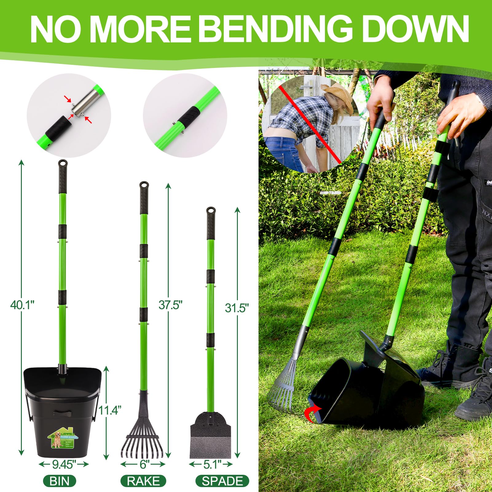 LANNEY 38-inch handle assembled for comfortable, low effort cleanup.