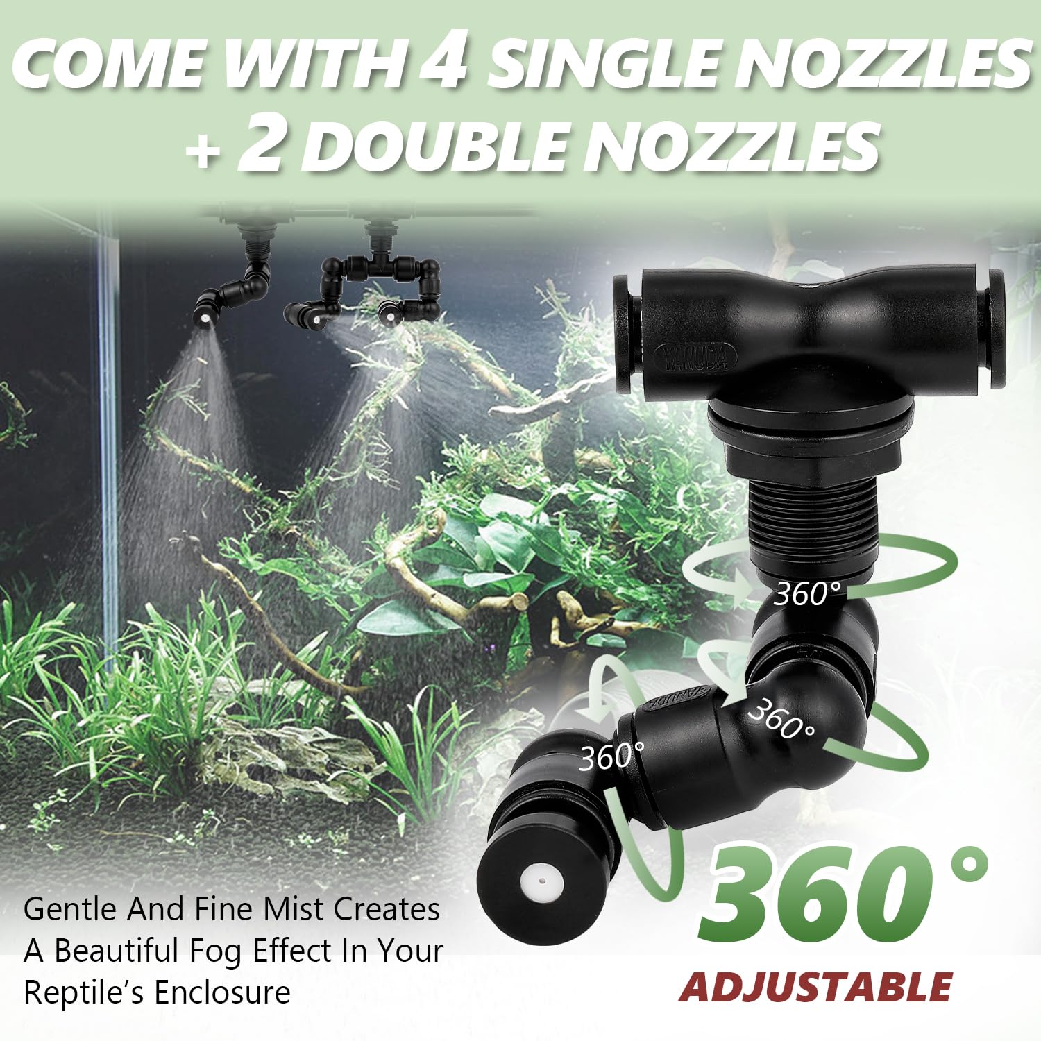 LANUEVA reptile humidifier nozzle assembly highlights four single and two double nozzles.