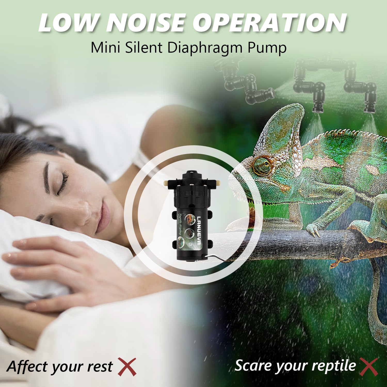 LANUEVA reptile humidifier silent pump emphasizes quiet operation for peaceful terrariums.